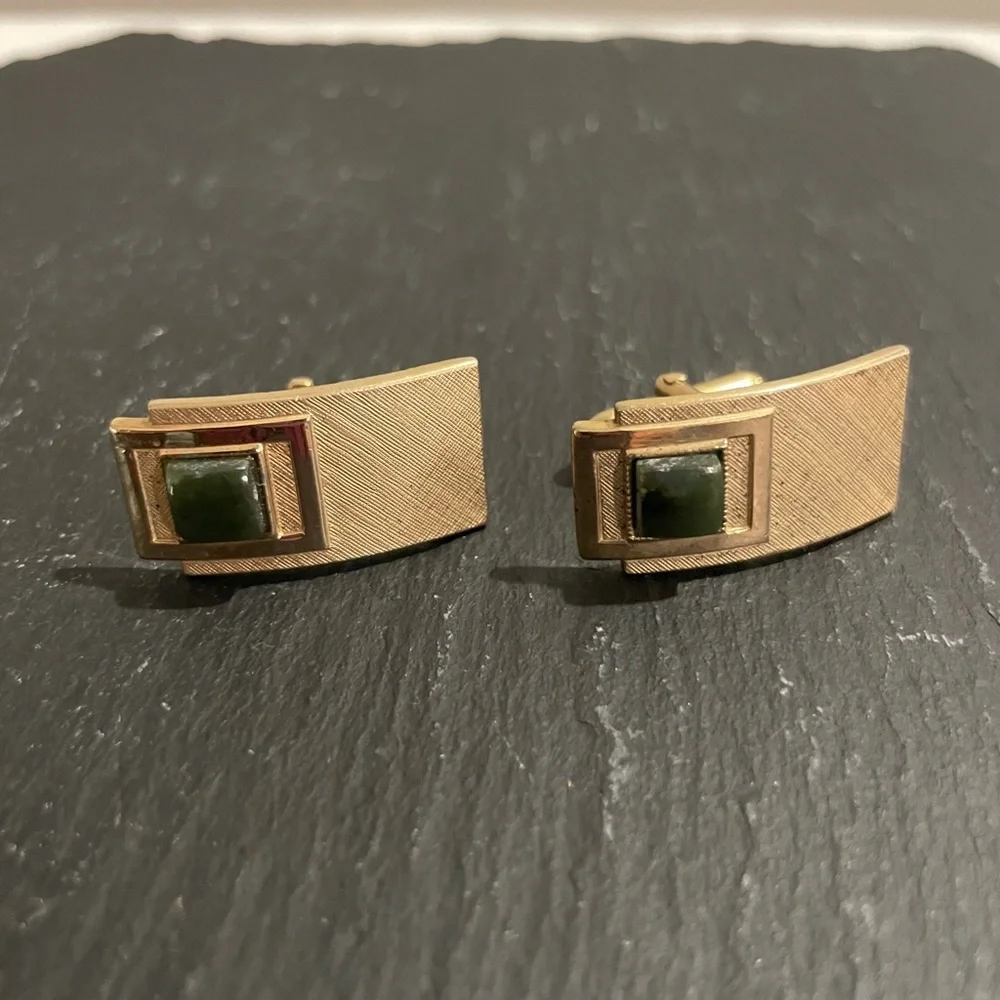 Vintage Swank Gold-tone Cufflinks with Green Jade Stones Bullet Back